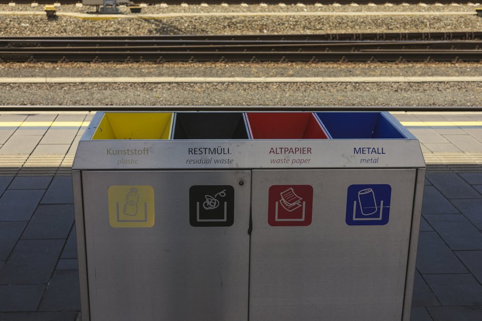 A four-compartment waste collection bin positioned on a train station platform with concrete paving. The bin has distinct sections for different types of waste, each marked with coloured labels and sy